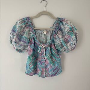 LoveShackFancy Plaid Embroidered Top with Puff Sleeves 0